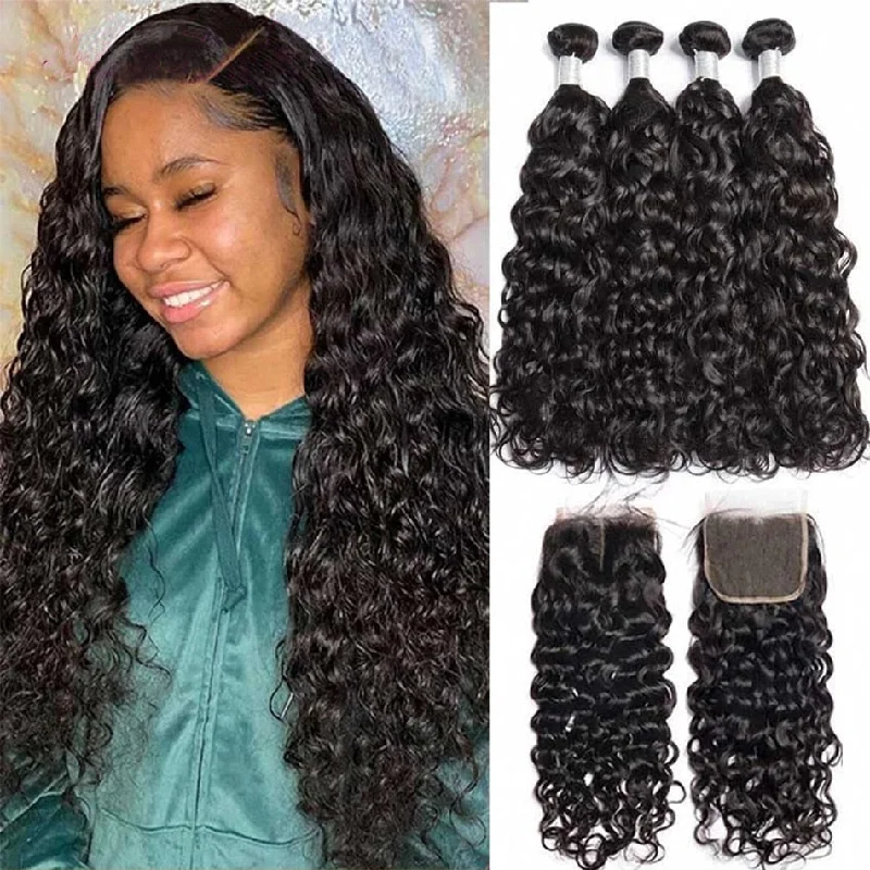 12A Malaysian Virgin Human Hair Water Wave Bundles With Closure 100% Unprocessed Deep Curly Ocean Wave Weave Hair Extensions