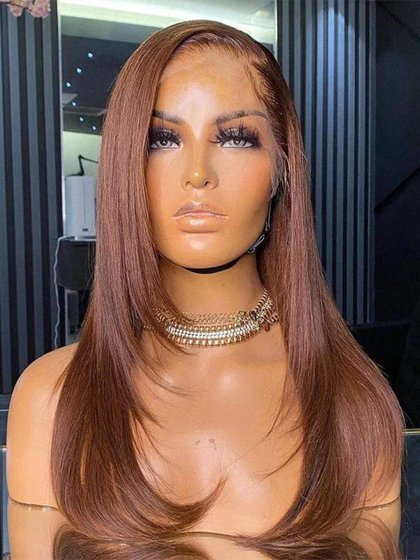 Chinalacewig Honey Brown Layer Silky Straight 13x6 Transparent Lace Front Wigs CF225