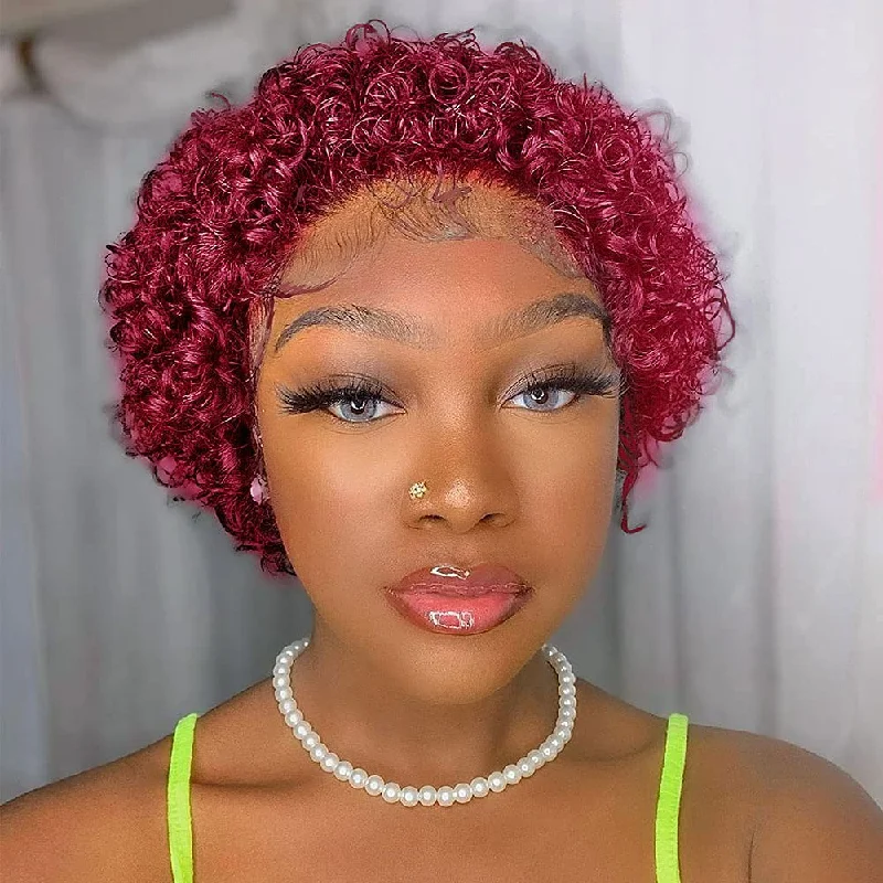 99J Pixie Cut Human Hair Wig Short Curly Bob Pixie Curls Lace Front Wig Pre Plucked Bleached Knots Wigs