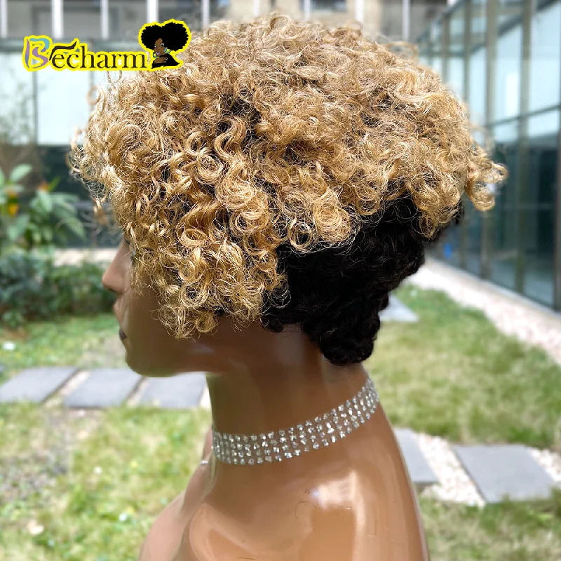 Afro Kinky Curly Wig Brazilian Remy Human Hair Short Bob Wig For Black Women Natural Color Ombre Brown Machine Made Wig