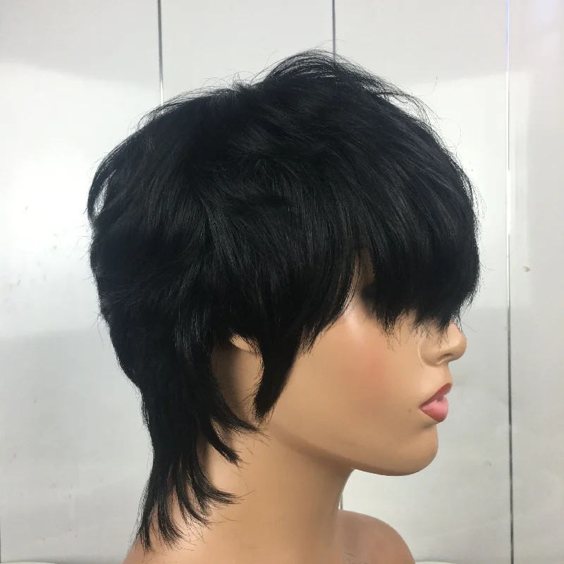 Black Short Pixie Cut Machine Made No Lace Wig 100%  Human Hair Glueless Wig  For Black Women