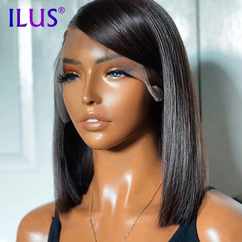 Bob Wigs Human Hair HD Transparent Lace Frontal Wigs Black Color Straight Short Bob Wig Brazilian Human Hair For Black Women 150