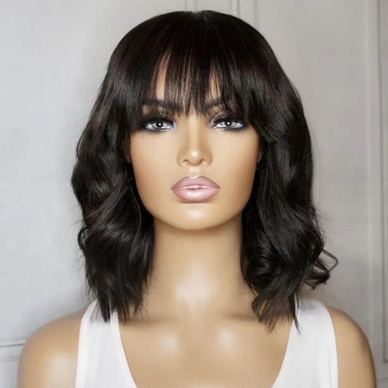 body wave short hair  with bangs hd full lace glueless  100% human hair wigs for black women bang wigs cheap t part wig