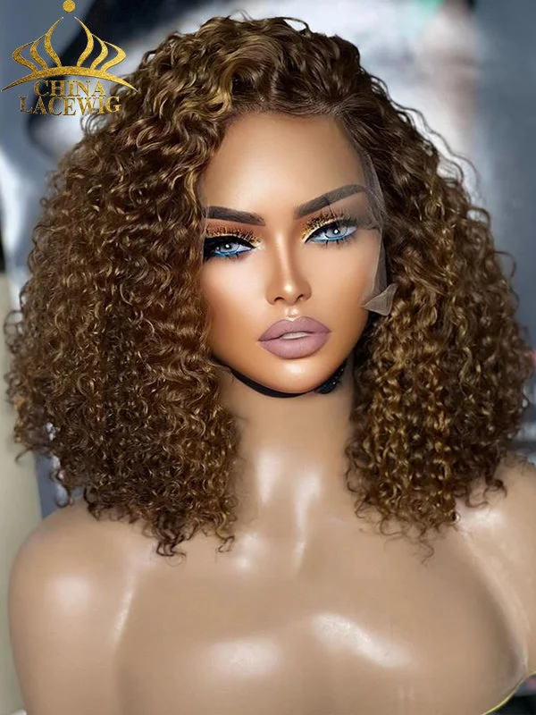 Chinalacewig 8x6 Royal 007 Lace Wig Ombre Brown Curly Wear &Go Breathable Cap WigCL011