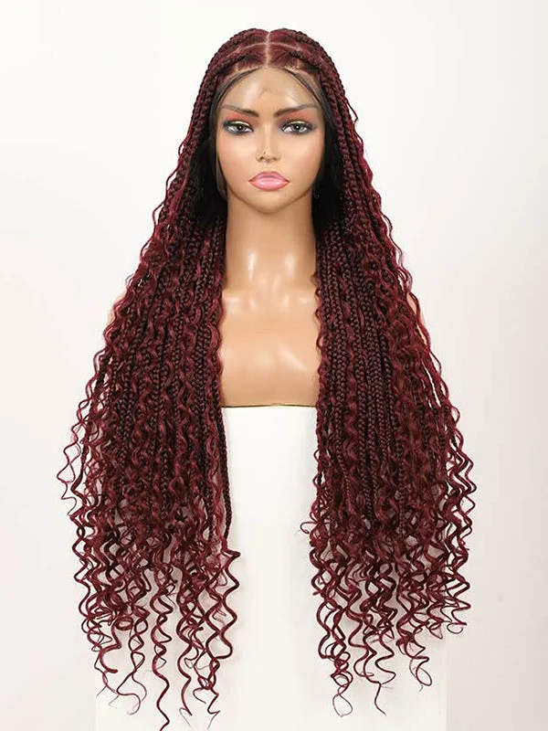 Chinalacewig HD Full Lace Knotless Box Boho Braided Wigs With Curls 99j Burgundy Color With Baby Hair Braids Wig