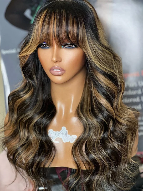 Chinalacewig Highlight Color Body Wave With Bang 5x5 HD Lace Closure Wig NY05