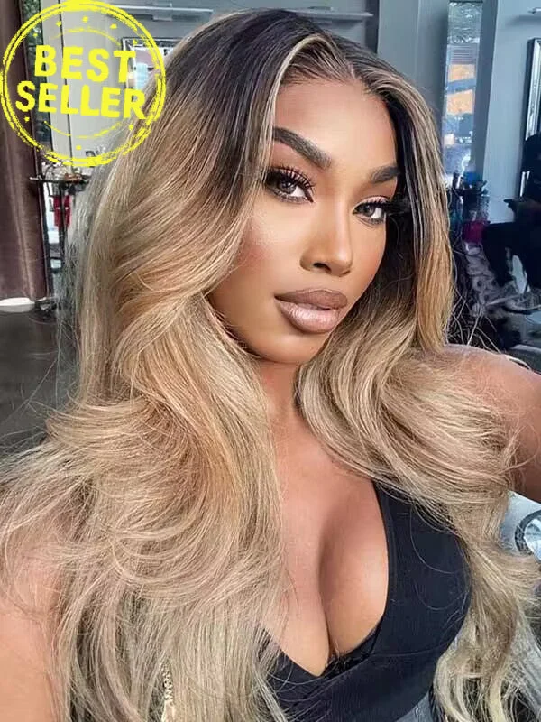 Chinalacewig Royal Film HD Invisible Lace Ombre Blonde Color With Black Root 360 HD Wigs CF92