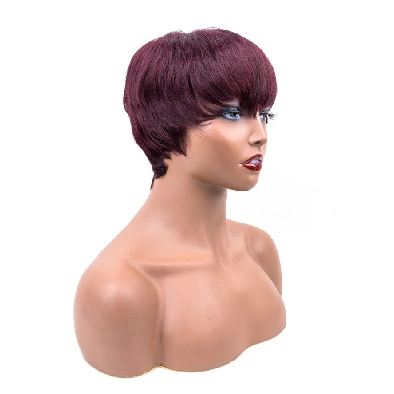 Colored Short Pixie Cut Wig For Black Women Straight Burgundy Human Hair With Bangs