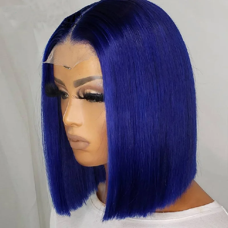 Dark Blue Colored Bob Lace Front Human Hair Wigs Straight Lace Front Wig Human Hair HD Lace Frontal Wigs For Black Women