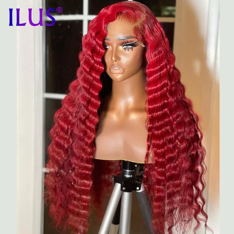 Deep Wave Red Color 180% HD Transparent Full Lace Frontal Human Hair Wigs For Black Women Wholesale Wigs 100% Human Hair Vendors