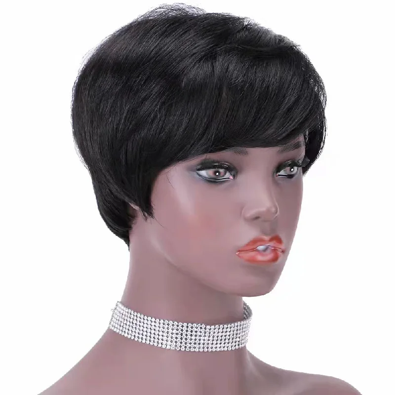 factory price short fashion style human hair wigs machine made pixie wigs