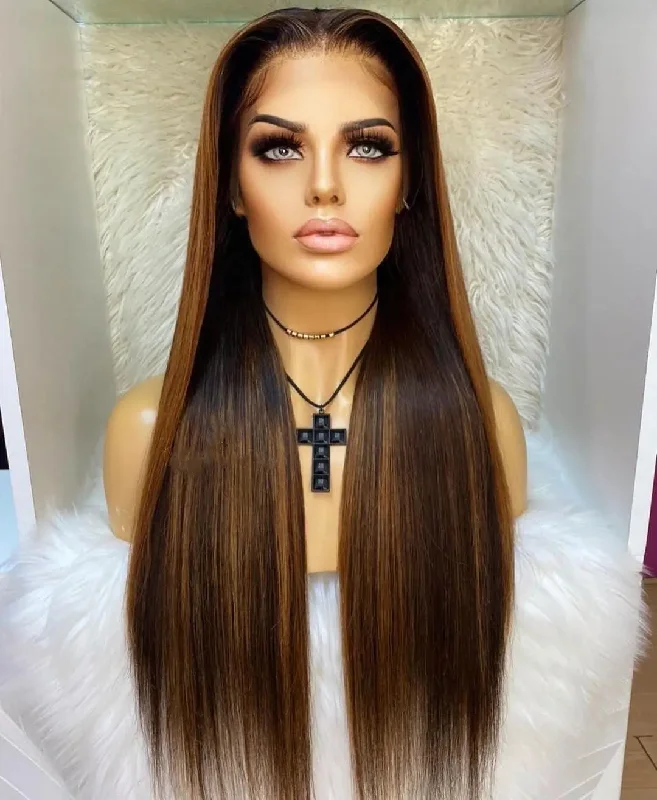 Full Long Inches Natural Black Brown Highlight Color Straight Vietnam Human Hair Pre Plucked Lace Front Wigs