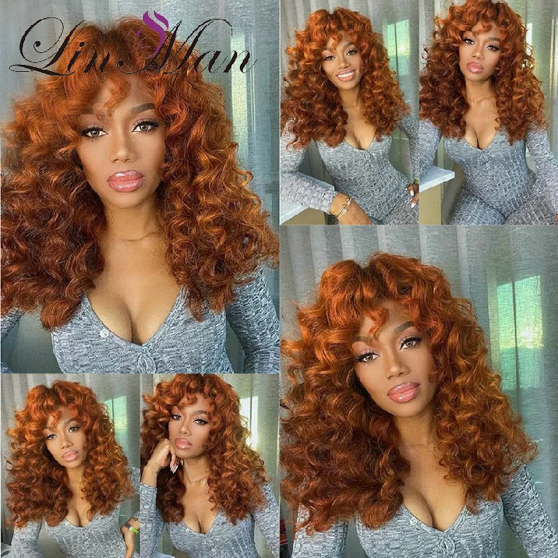 Full Machine Made Wig with Bangs 180 Density Remy Curly Human Hair Wig for Women Honey Blonde Brazilian Remy Water Wave Wigs