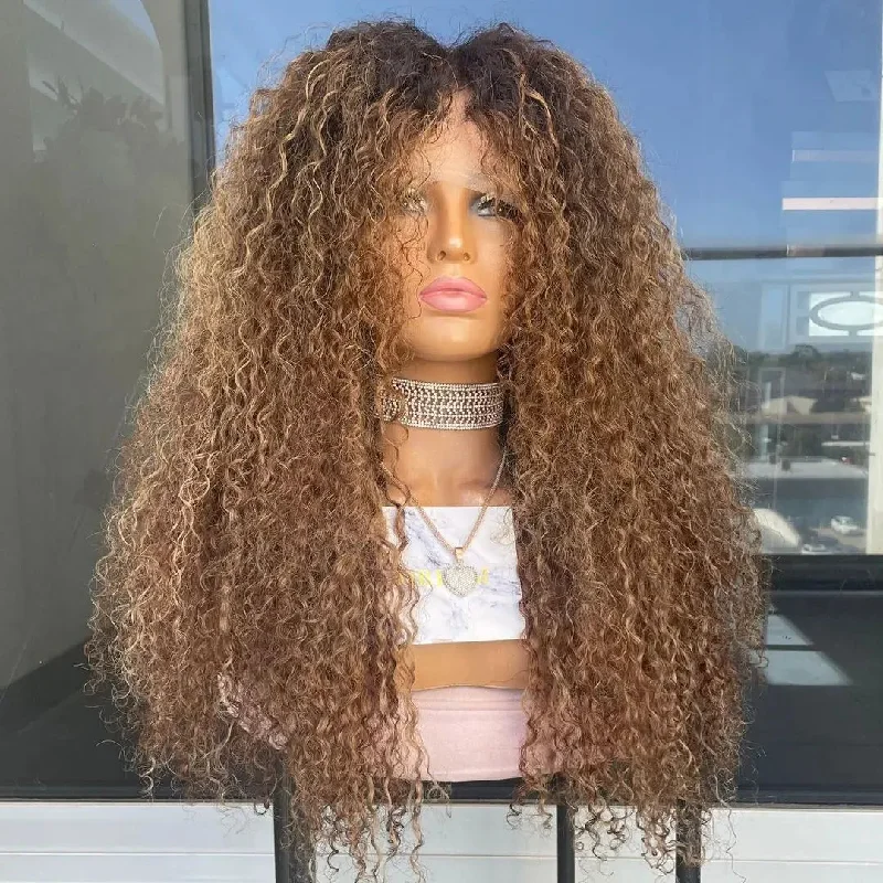 Full Vietnam Human Hair Afro Kinky Curly Brown Highlight Color Cuticle Aligned Transparent HD Lace Front Wigs