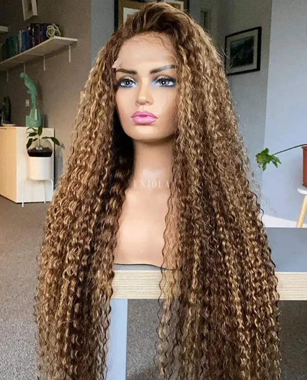 Full Vietnam Human Hair Deep Curly Brown Highlight Color Bleached Knots Transparent HD Lace Front Wigs