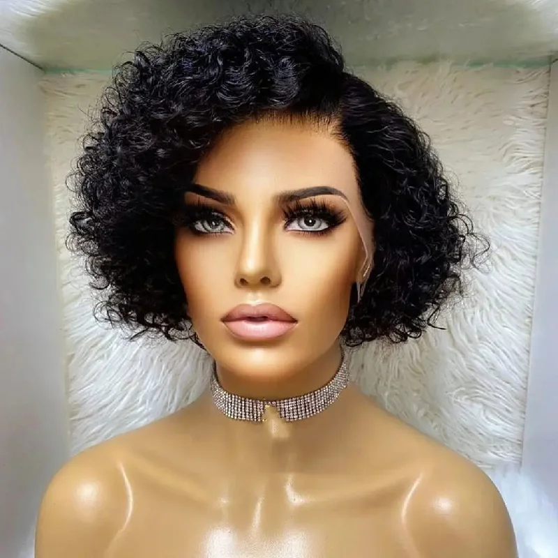 Full Virgin Human Hair Natural Black Color Kinky Curly Wig Short Pixie Pre Plucked Cuticle Aligned Lace Front Wigs