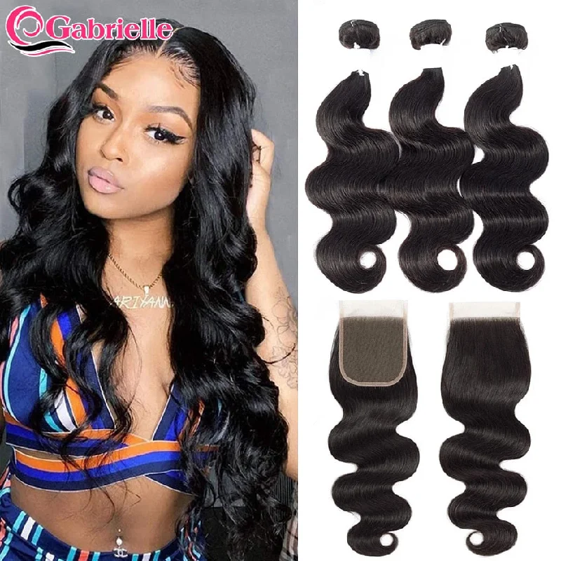 Gabrielle Body Wave Bundles With Closure Natural Color 4x4 Lace Closure With Bundles Indian Human Hair Extensions Fast Shipping