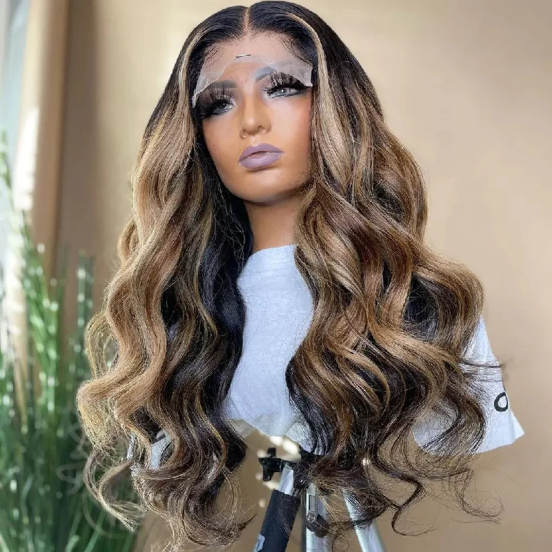 Glueless Water Wave Brown Black Ombre Color Wig Cuticle Aligned Vietnam Human Hair Pre Plucked Lace Front Wigs