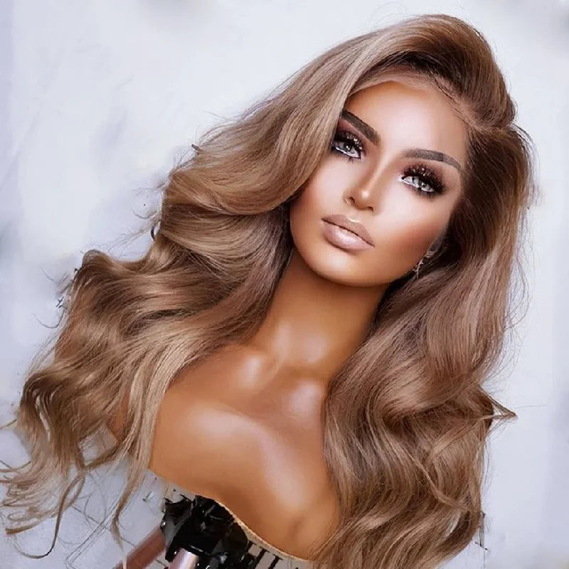 Gorgeous Light Golden Brown Color Water Wave Cuticle Aligned Brazilian Human Hair Transparent HD Lace Front Wigs