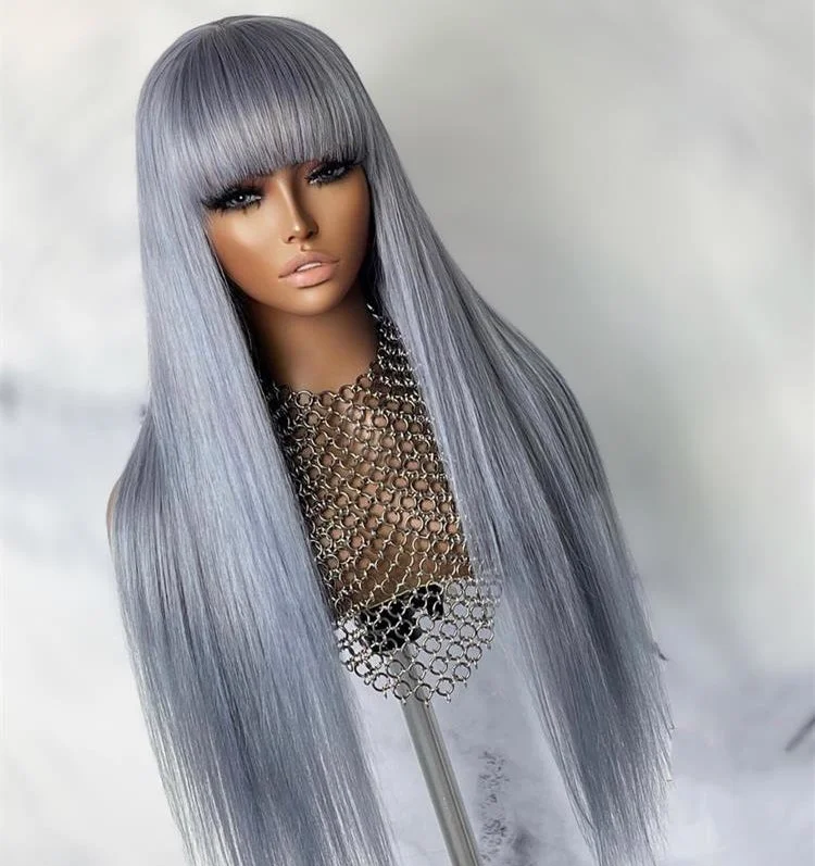 Grey Human Hair Wigs Ombre Colored Silver Lace Front Wig Transparent Straight Brazilian Lace Wigs For Black Women With Bangs