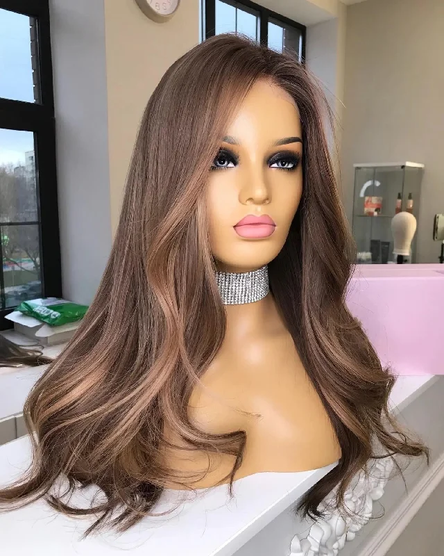 HD Lace Highlight Ash Brown Blonde Color Water Wave Virgin Cuticle Aligned European Human Hair Lace Frontal Wigs