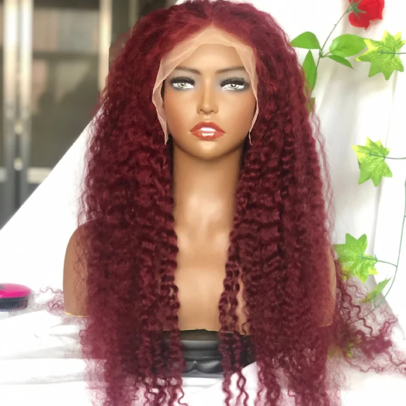 HD Transparent Lace Front Wigs Brazilian Hair Human Virgin Hair Kinky Curl Dark Red Colored lace Front Wigs 250%