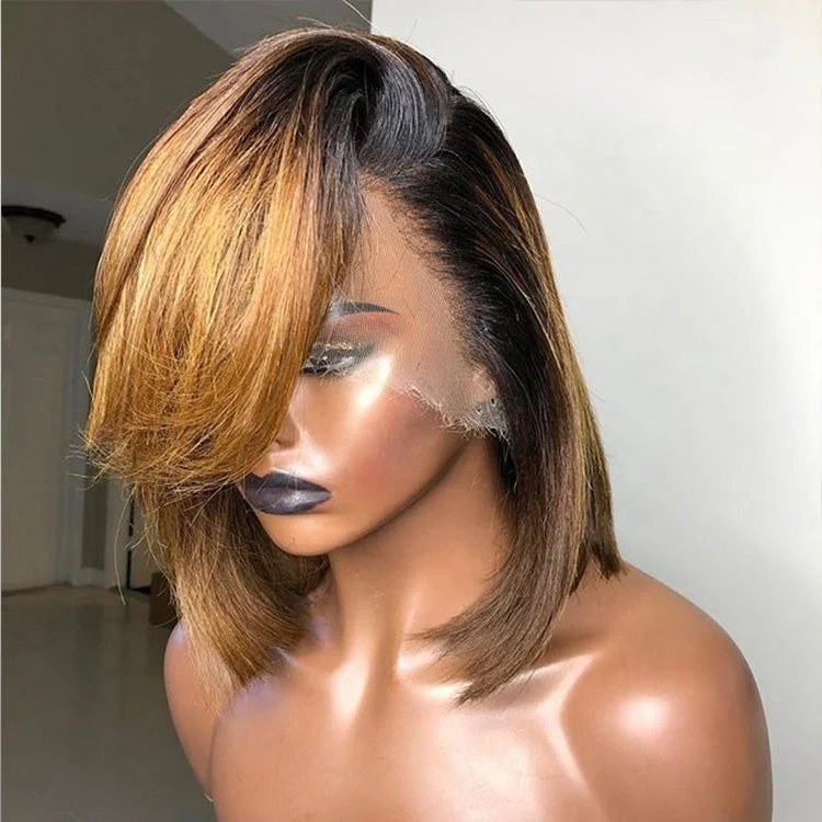 Honey Blonde Ombre Wigs Human Hair Lace Front Short 12 Inches Blunt Cut Bob Side Part Bangs With Natural Looking