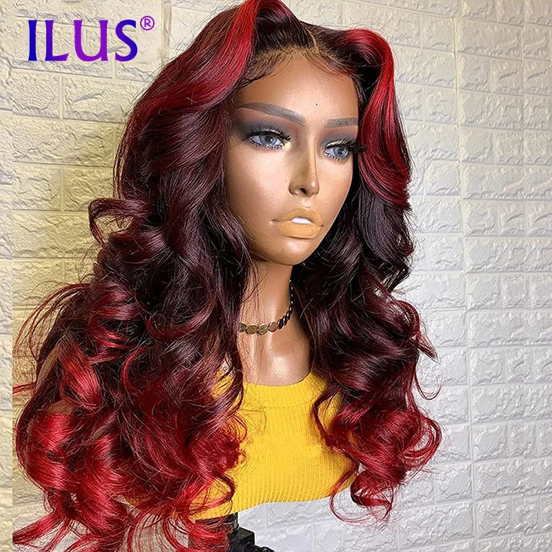 Hot Sale Free Shipping Wigs Body Wave Dark Red/99J Highlight Colored HD Transparent Lace Front Human Hair Wigs For Black Women