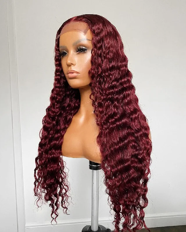 Human Hair Burgundy Red Color Curly Lace Front Wigs For Black Women Curly Front Lace Dark Wine Color Wigs