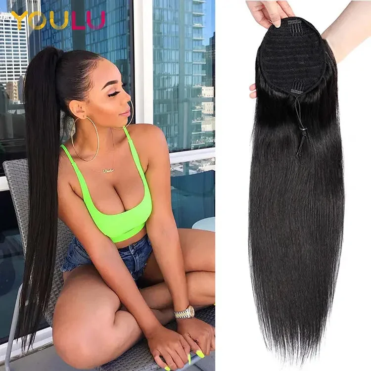 Human hair ponytail kinky straight curly ponytail wrap drawstring natural human hair ponytail hair extensions