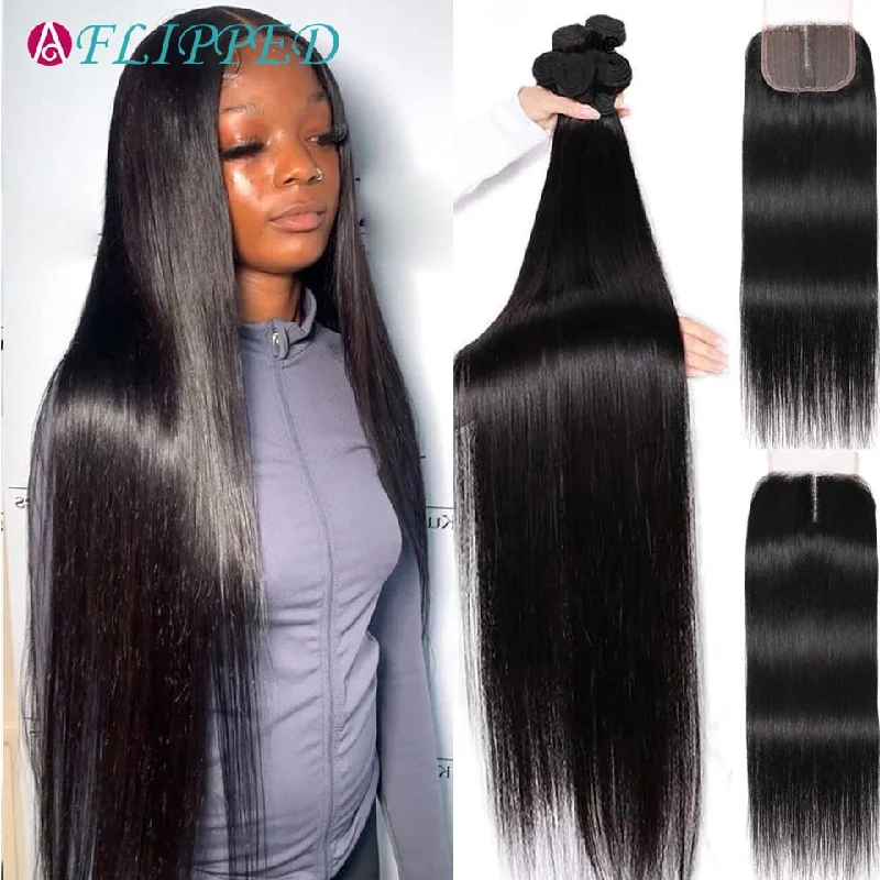 Indian Remy Hair Bone Straight Bundles With Closure Pre Plucked Weave Human Hair 3Bundles With Closure Extension 30 Inch Tissage