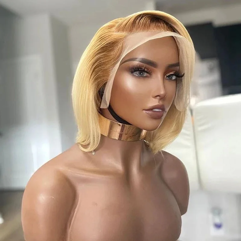 Indian Virgin Human Hair Ombre Blonde Color Short Bob Cuticle Aligned Hair Lace Front Wigs