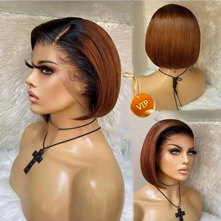 Invisible Swiss Lace Ombre Brown Color Pixie Blunt Cut Bob 100 Virgin Human Hair Super Soft Lace Front Wigs