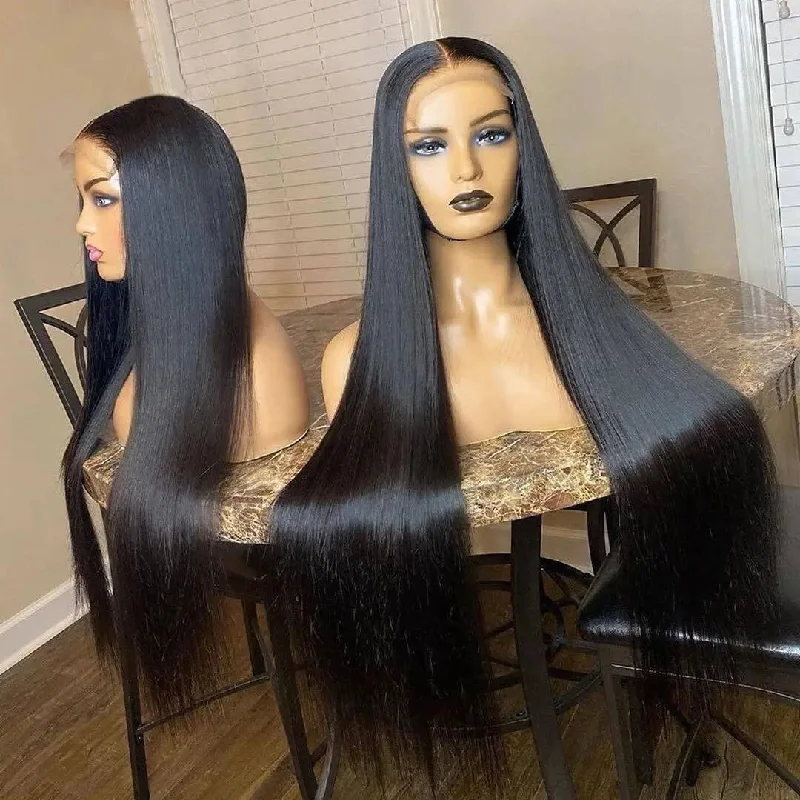 Long 40 Inches Black Color Silky Straight Pre Plucked Virgin Cuticle Aligned Vietnam Human Hair Lace Front Wigs