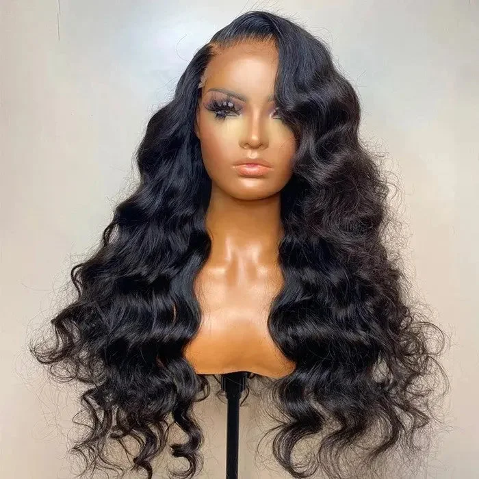 Long Inches Water Wave Side Part Jet Black Color Brazilian Human Remy Hair Lace Frontal Wig