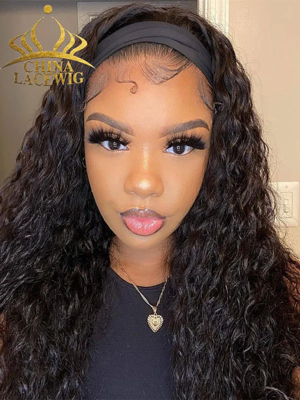 Chinalacewig 2024 Mega Sale Black Color Curly Headband Wig CF476