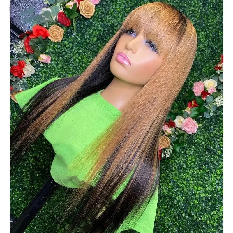 Luxury Bone Straight Hair Lace Front Wig Blonde Highlight Color Ombre Bang Fringe Remy Human Hair Lace Frontal Wigs For Women