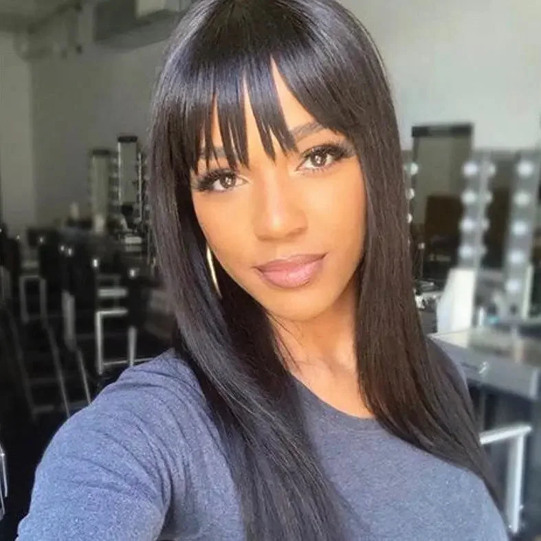 Natural Color Long Straight Wigs Cuticle Aligned Virgin Human Hair Lace Front Wigs With Bangs