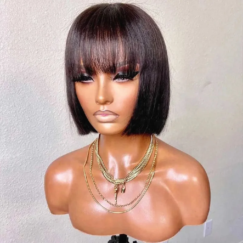 Natural Color Silky Bob Straight Wigs Virgin Unprocessed Human Hair Lace Front Wigs With Bangs