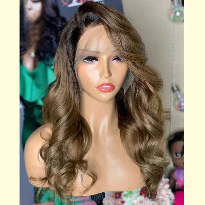 New Arrival Brown Black Color Body Wave Wig Virgin Russian Human Hair Transparent Lace Front Wigs With Pre-plucked Hairline