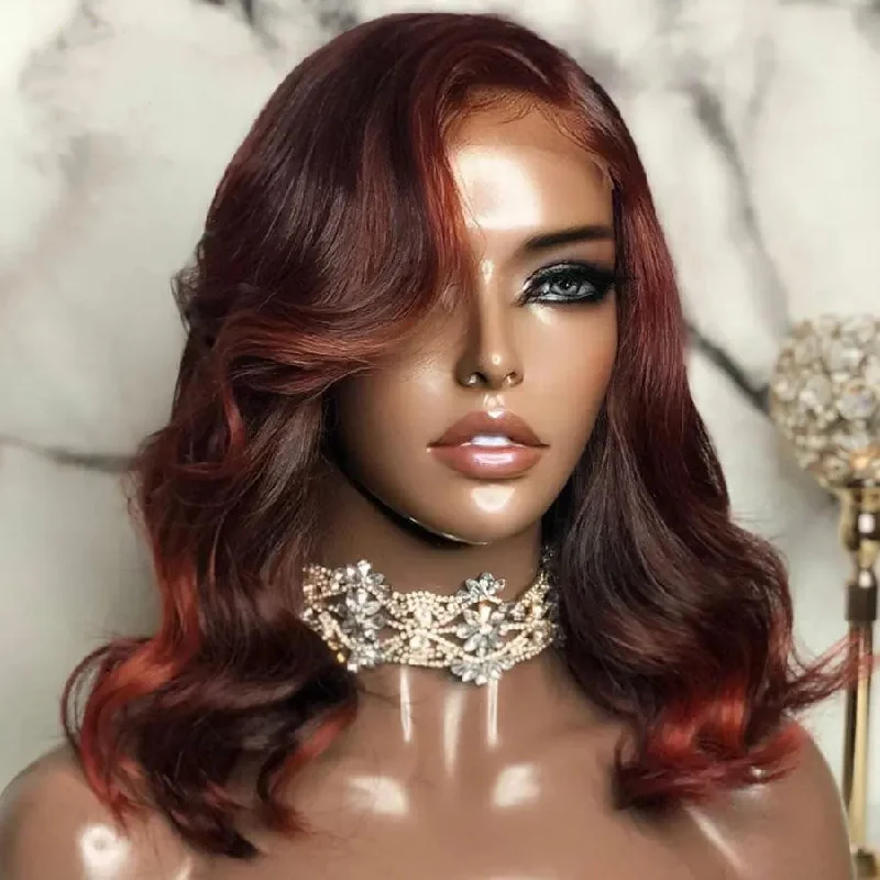 New Design Pre Plucked Highlight Chestnut Color Wavy Wigs Raw Indian Human Hair 13*4 Lace Front Wigs