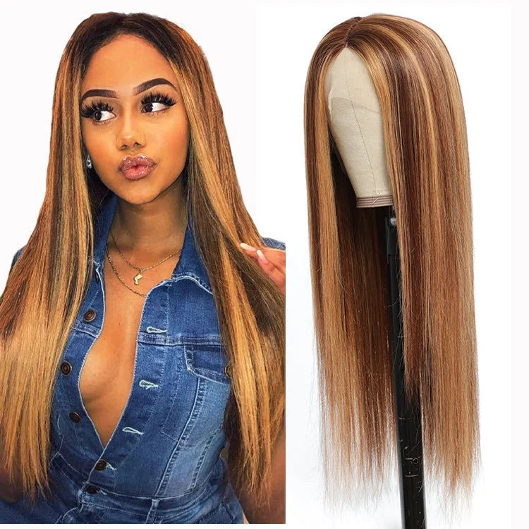 New fashional piano colored lace frontal human hair wig,P4/27 double drawn ombre color highlight T Part lace Front Wig