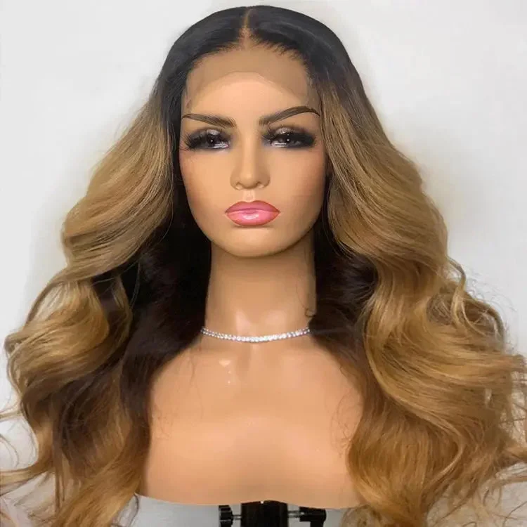 New Natural Ombre Honey Brown Blonde Color Super Wave Virgin European Human Hair Lace Front Wigs