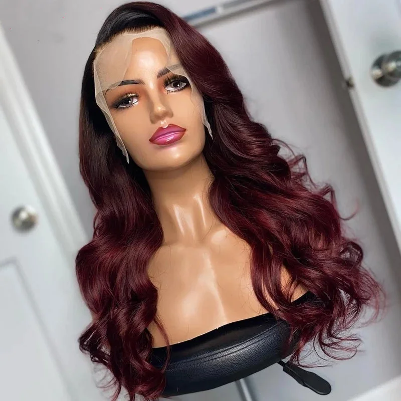 New Product Unprocessed Raw Human Hair Red Wine Color Body Wave Wig Cuticle Aligned Hair Transparent Lace Front Wigs