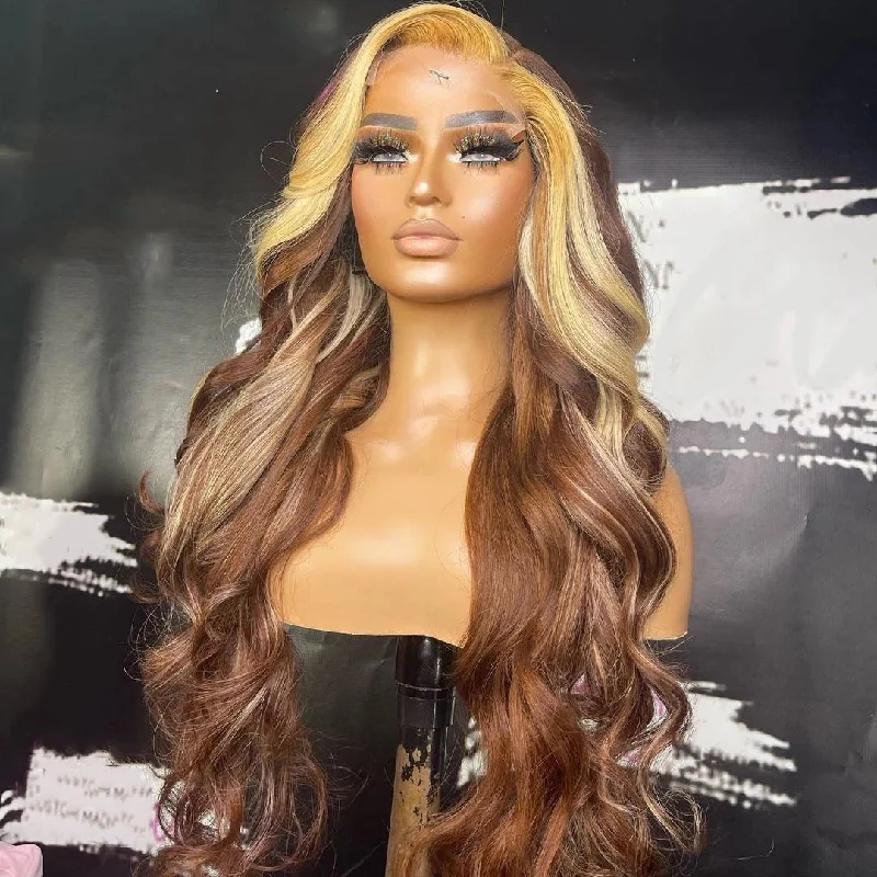 New Style Long Highlight Brown And Blonde Color Pre Plucked Real Raw Human Hair 13*4 Swiss Lace Front Wigs