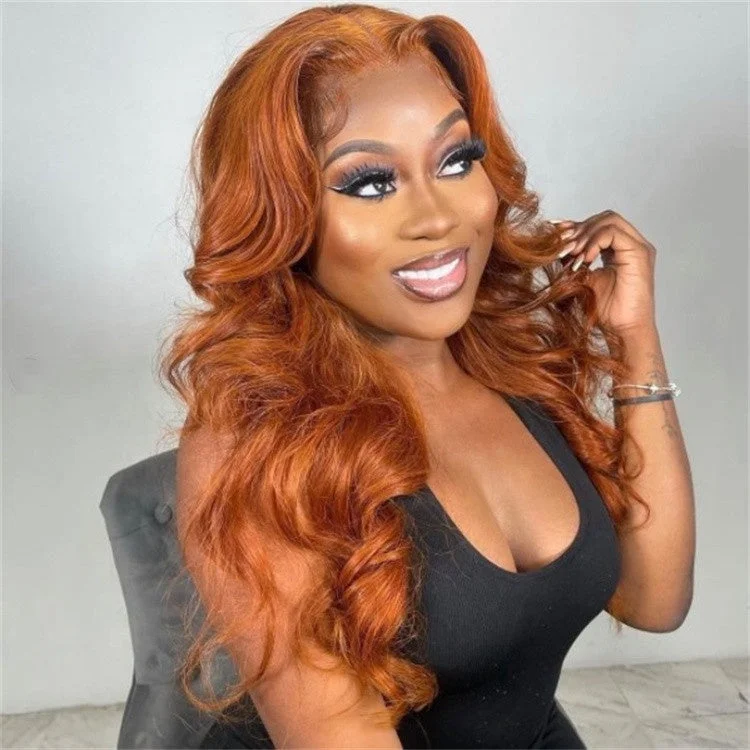 OEM/ODM Ginger Color Body Wave Natural Bleached Knots Invisible Swiss Lace Canadian Human Raw Hair 13*4 Lace Front Wig