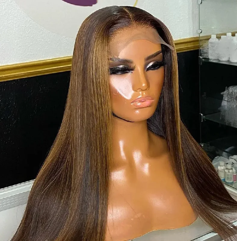 Ombre Brown Color Swiss Lace Straight Hair Wig For Black Women 100% Raw Indian Human Hair Lace Front Wigs