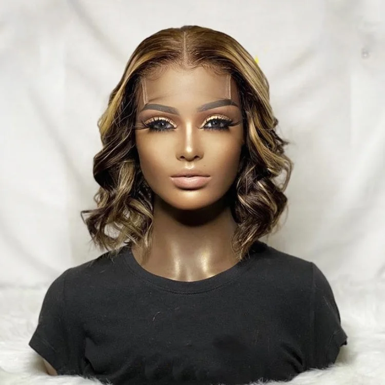 Piano Color Highlight Wigs #4 and #27 Colored Wigs Short Natural Body wave Virgin Human Hair 3.5*4 Lace closure Wigs