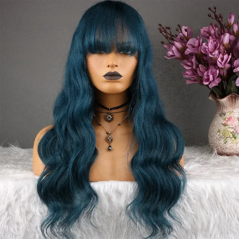 Pre Plucked Dark Blue Body Wave Premium Vietnam Human Hair With Bangs Cuticle Aligned Lace Front Wigs