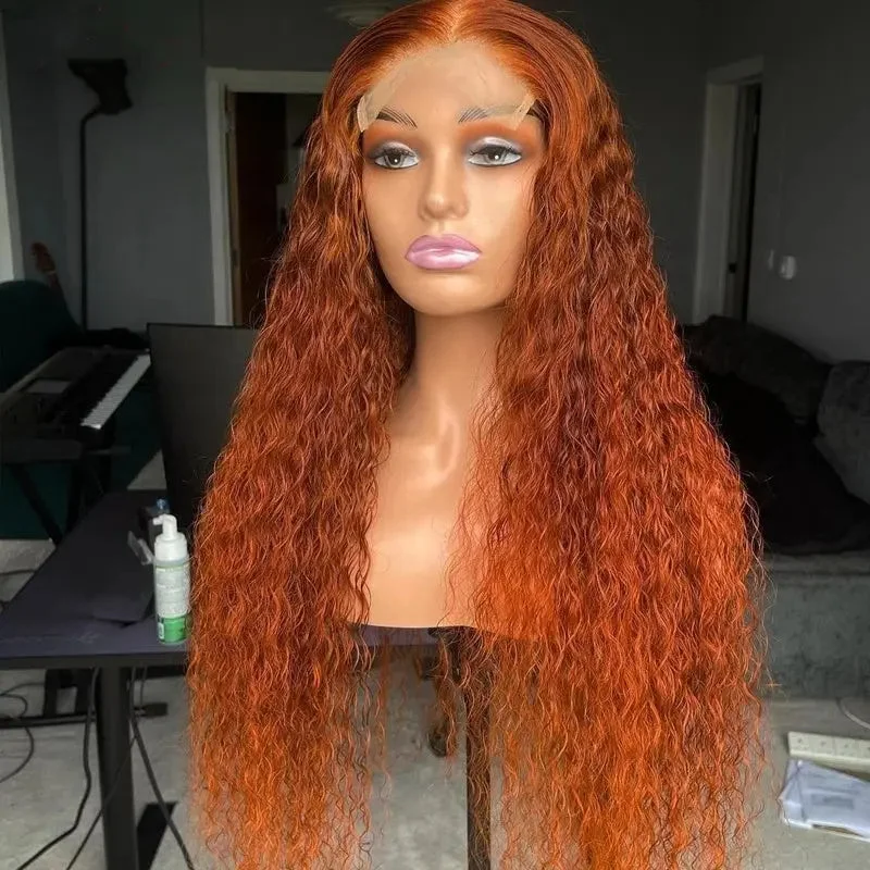 Pre Plucked Ginger Color Deep Curly Wig Bleached Knots Glueless Soft Smooth Virgin Human Hair Lace Front Wigs